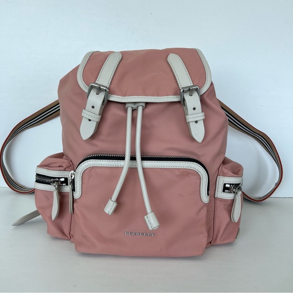 BURBERRY Rucksack Mauve Nylon w Leather Trim Drawstring Side Pockets Backpack - Picture 3 of 16